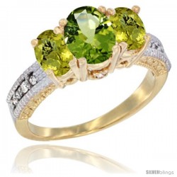 10K Yellow Gold Ladies Oval Natural Peridot 3-Stone Ring with Lemon Quartz Sides Diamond Accent