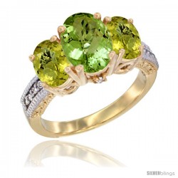 10K Yellow Gold Ladies 3-Stone Oval Natural Peridot Ring with Lemon Quartz Sides Diamond Accent