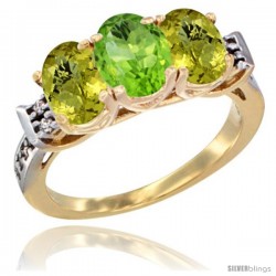 10K Yellow Gold Natural Peridot & Lemon Quartz Sides Ring 3-Stone Oval 7x5 mm Diamond Accent