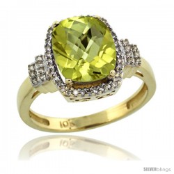 10k Yellow Gold Diamond Halo Lemon Quartz Ring 2.4 ct Cushion Cut 9x7 mm, 1/2 in wide