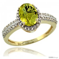 10k Yellow Gold Diamond Halo Lemon Quartz Ring 1.2 ct Oval Stone 8x6 mm, 3/8 in wide