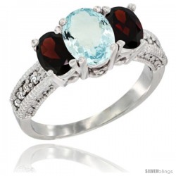 14k White Gold Ladies Oval Natural Aquamarine 3-Stone Ring with Garnet Sides Diamond Accent