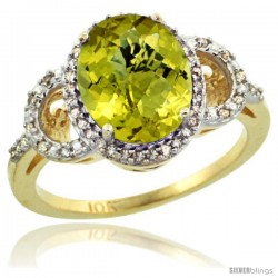 10k Yellow Gold Diamond Halo Lemon Quatrz Ring 2.4 ct Oval Stone 10x8 mm, 1/2 in wide