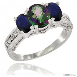 14k White Gold Ladies Oval Natural Mystic Topaz 3-Stone Ring with Blue Sapphire Sides Diamond Accent