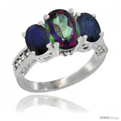 14K White Gold Ladies 3-Stone Oval Natural Mystic Topaz Ring with Blue Sapphire Sides Diamond Accent