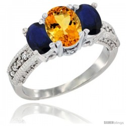 14k White Gold Ladies Oval Natural Citrine 3-Stone Ring with Blue Sapphire Sides Diamond Accent