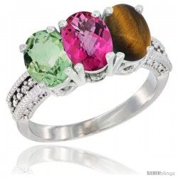 10K White Gold Natural Green Amethyst, Pink Topaz & Tiger Eye Ring 3-Stone Oval 7x5 mm Diamond Accent