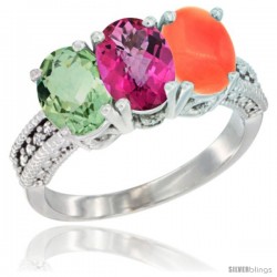 10K White Gold Natural Green Amethyst, Pink Topaz & Coral Ring 3-Stone Oval 7x5 mm Diamond Accent