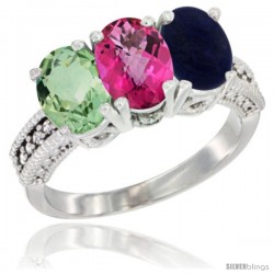 10K White Gold Natural Green Amethyst, Pink Topaz & Lapis Ring 3-Stone Oval 7x5 mm Diamond Accent