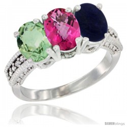 10K White Gold Natural Green Amethyst, Pink Topaz & Lapis Ring 3-Stone Oval 7x5 mm Diamond Accent