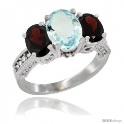 14K White Gold Ladies 3-Stone Oval Natural Aquamarine Ring with Garnet Sides Diamond Accent