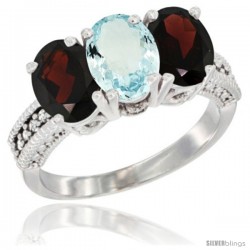 14K White Gold Natural Aquamarine & Garnet Sides Ring 3-Stone 7x5 mm Oval Diamond Accent