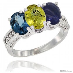 14K White Gold Natural London Blue Topaz, Lemon Quartz & Lapis Ring 3-Stone 7x5 mm Oval Diamond Accent