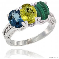 14K White Gold Natural London Blue Topaz, Lemon Quartz & Malachite Ring 3-Stone 7x5 mm Oval Diamond Accent