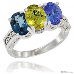 14K White Gold Natural London Blue Topaz, Lemon Quartz & Tanzanite Ring 3-Stone 7x5 mm Oval Diamond Accent