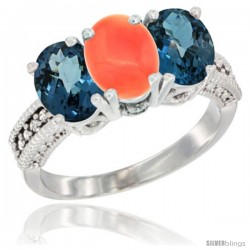 14K White Gold Natural Coral & London Blue Topaz Sides Ring 3-Stone 7x5 mm Oval Diamond Accent