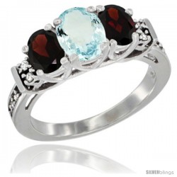 14K White Gold Natural Aquamarine & Garnet Ring 3-Stone Oval with Diamond Accent