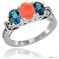 14K White Gold Natural Coral & London Blue Ring 3-Stone Oval with Diamond Accent