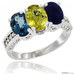 14K White Gold Natural London Blue Topaz, Coral & Lapis Ring 3-Stone 7x5 mm Oval Diamond Accent