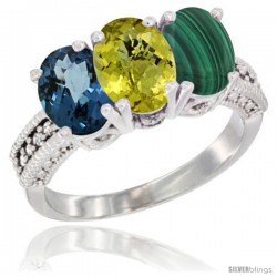 14K White Gold Natural London Blue Topaz, Coral & Malachite Ring 3-Stone 7x5 mm Oval Diamond Accent