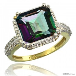 10k Yellow Gold Diamond Halo Mystic Topaz Ring Checkerboard Cushion 11 mm 5.85 ct 1/2 in wide