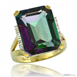 10k Yellow Gold Diamond Mystic Topaz Ring 12 ct Emerald Cut 16x12 stone 3/4 in wide