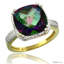 10k Yellow Gold Diamond Mystic Topaz Ring 5.94 ct Checkerboard Cushion 11 mm Stone 1/2 in wide