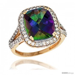 10k Yellow Gold Diamond Halo Mystic Topaz Ring Checkerboard Cushion 12x10 4.8 ct 3/4 in wide