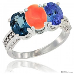 14K White Gold Natural London Blue Topaz, Coral & Tanzanite Ring 3-Stone 7x5 mm Oval Diamond Accent