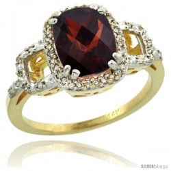 14k Yellow Gold Diamond Garnet Ring 2 ct Checkerboard Cut Cushion Shape 9x7 mm, 1/2 in wide