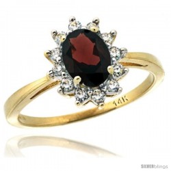 14k Yellow Gold Diamond Halo Garnet Ring 0.85 ct Oval Stone 7x5 mm, 1/2 in wide