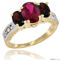 14k Yellow Gold Ladies Oval Natural Ruby 3-Stone Ring with Garnet Sides Diamond Accent