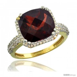 14k Yellow Gold Diamond Halo Garnet Ring Checkerboard Cushion 11 mm 5.85 ct 1/2 in wide