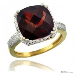 14k Yellow Gold Diamond Garnet Ring 5.94 ct Checkerboard Cushion 11 mm Stone 1/2 in wide