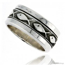 Sterling Silver Men's Spinner Ring Ichthus Christian Fish Design Handmade 5/16 wide