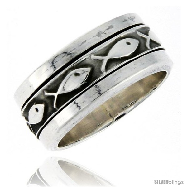 Sterling Silver Men s Spinner Ring  Ichthus Christian Fish  