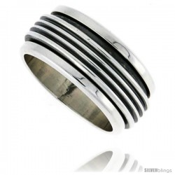 Sterling Silver Men's Spinner Ring Ribbed Design Handmade 3/8 in wide