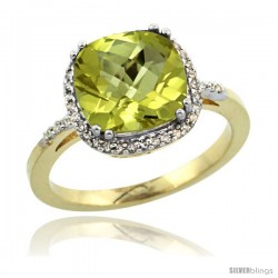 10k Yellow Gold Diamond Lemon Quartz Ring 3.05 ct Cushion Cut 9x9 mm, 1/2 in wide