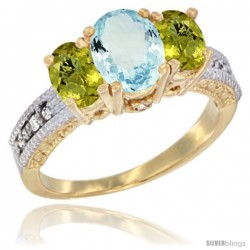 10K Yellow Gold Ladies Oval Natural Aquamarine 3-Stone Ring with Lemon Quartz Sides Diamond Accent