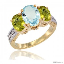 10K Yellow Gold Ladies 3-Stone Oval Natural Aquamarine Ring with Lemon Quartz Sides Diamond Accent