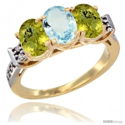 10K Yellow Gold Natural Aquamarine & Lemon Quartz Sides Ring 3-Stone Oval 7x5 mm Diamond Accent