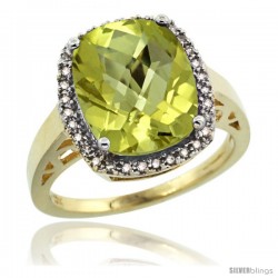 10k Yellow Gold Diamond Lemon Quartz Ring 5.17 ct Checkerboard Cut Cushion 12x10 mm, 1/2 in wide