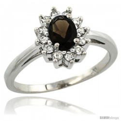 Sterling Silver Natural Smoky Topaz Diamond Halo Ring Oval Shape 1.2 Carat 6X4 mm, 1/2 in wide