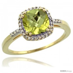 10k Yellow Gold Diamond Lemon Quartz Ring 1.5 ct Checkerboard Cut Cushion Shape 7 mm, 3/8 in wide