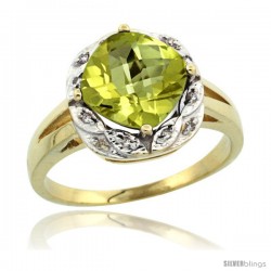 10k Yellow Gold Diamond Halo Lemon Quatrz Ring 2.7 ct Checkerboard Cut Cushion Shape 8 mm, 1/2 in wide