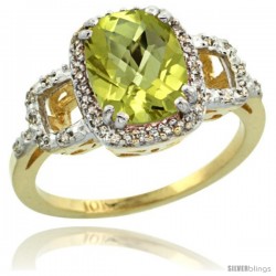 10k Yellow Gold Diamond Lemon Quartz Ring 2 ct Checkerboard Cut Cushion Shape 9x7 mm, 1/2 in wide