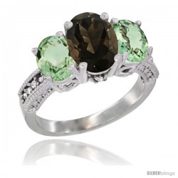 10K White Gold Ladies Natural Smoky Topaz Oval 3 Stone Ring with Green Amethyst Sides Diamond Accent