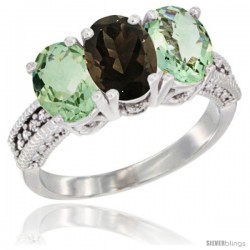 10K White Gold Natural Smoky Topaz & Green Amethyst Sides Ring 3-Stone Oval 7x5 mm Diamond Accent