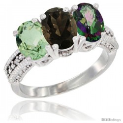 10K White Gold Natural Green Amethyst, Smoky Topaz & Mystic Topaz Ring 3-Stone Oval 7x5 mm Diamond Accent