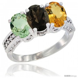 10K White Gold Natural Green Amethyst, Smoky Topaz & Citrine Ring 3-Stone Oval 7x5 mm Diamond Accent